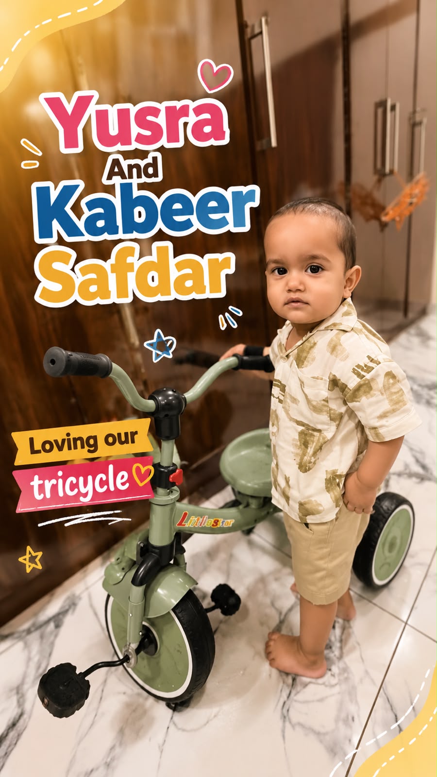 Yusra and Kabeer Safdar with their green MAMAKIDS tricycle
